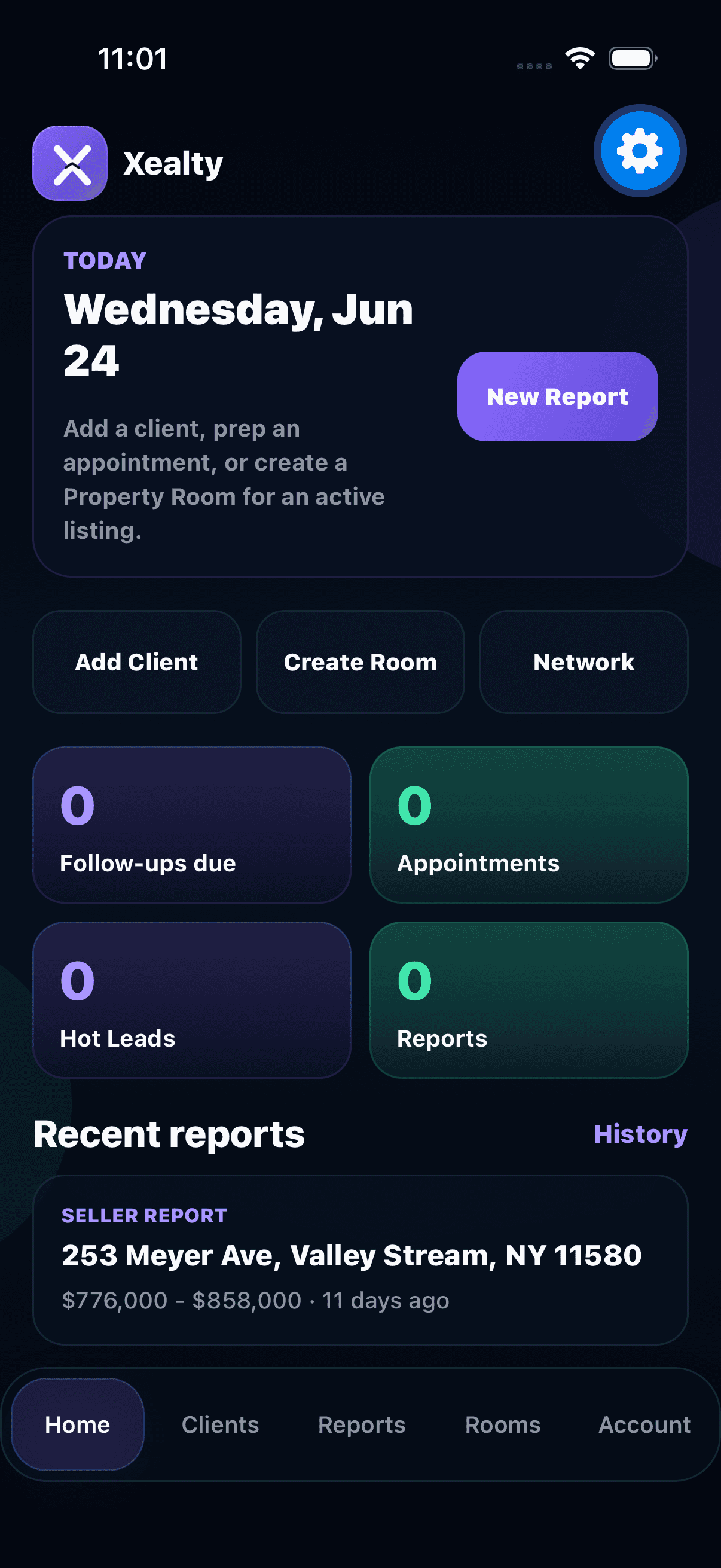 Xealty report workflow on a mobile dashboard