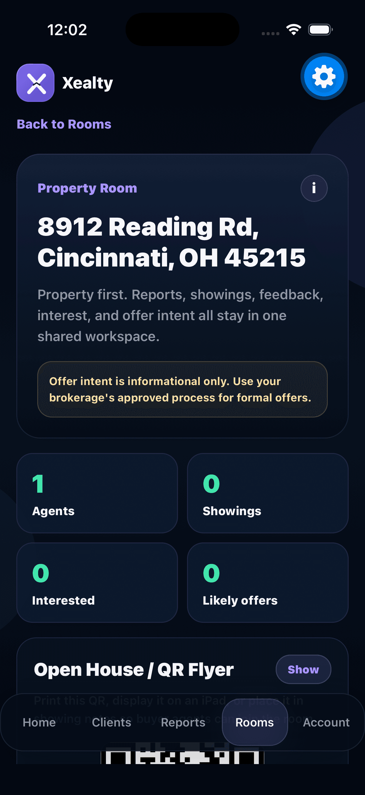 Xealty Property Room screen showing property activity in the app